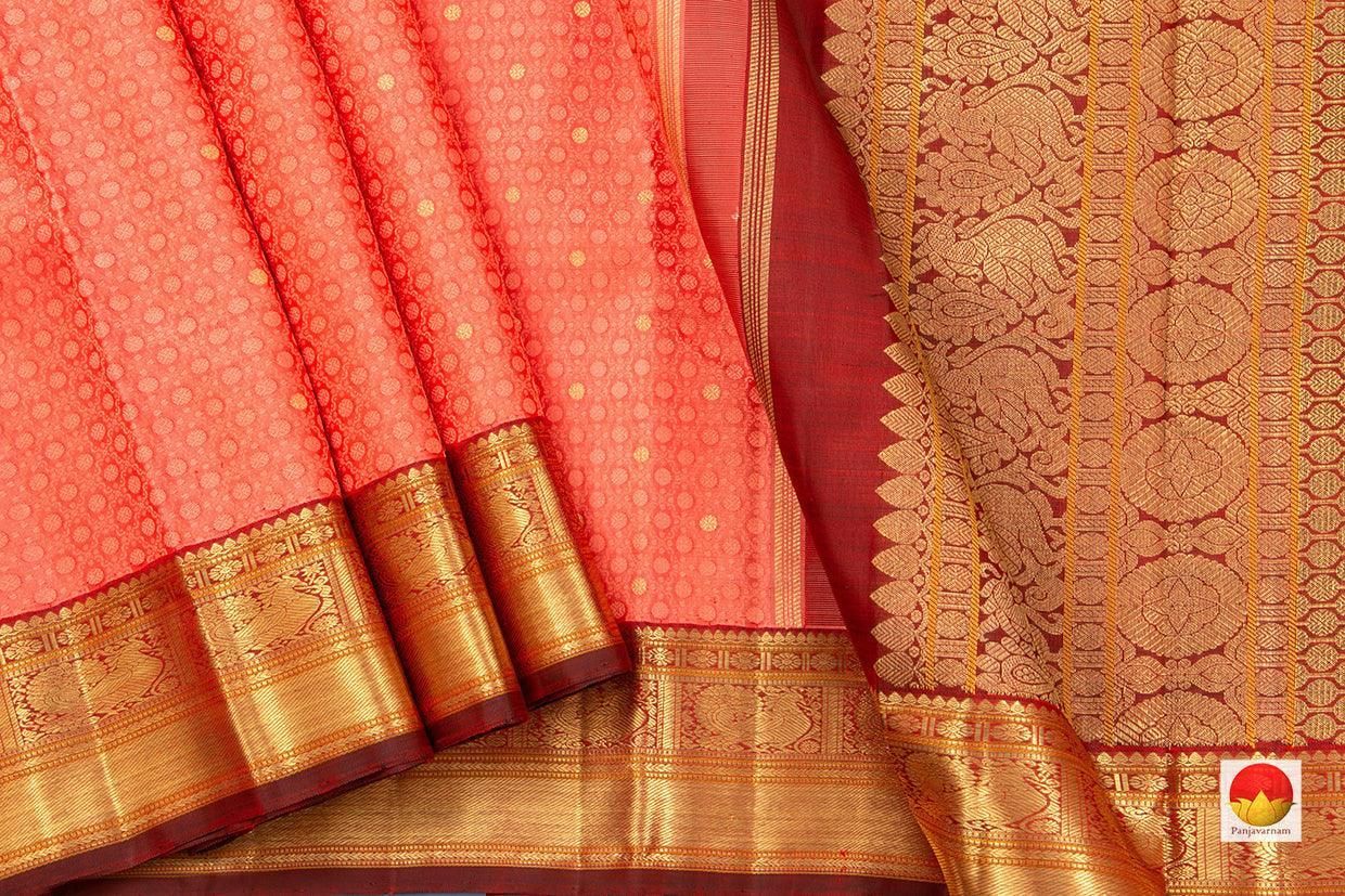 Peach And Maroon Kanchipuram Silk Saree Handwoven Pure Silk Pure Zari For Wedding Wear PV NYC 379