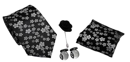 VOICI France mens necktie pocket square and cufflinks combo gift set Grey color free size - Black & Silver