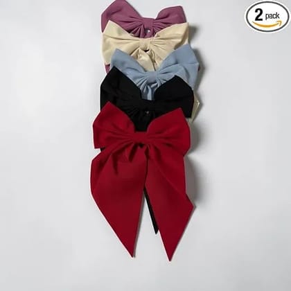 Satian Hair Bow, Satin Fabric, Long Tail Style, for Women and Girls, Multicolour 2 Pieces