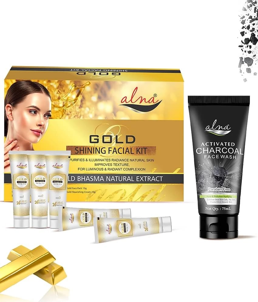 Alna Gold Shinning Facial Kit 75gm with Charcoal Face Wash 75ml For All Skin Type , Pack of 2
