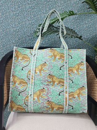 Handblock Printed Quilted Tote Bag with concealed zip ( 17x18x 6 inches)