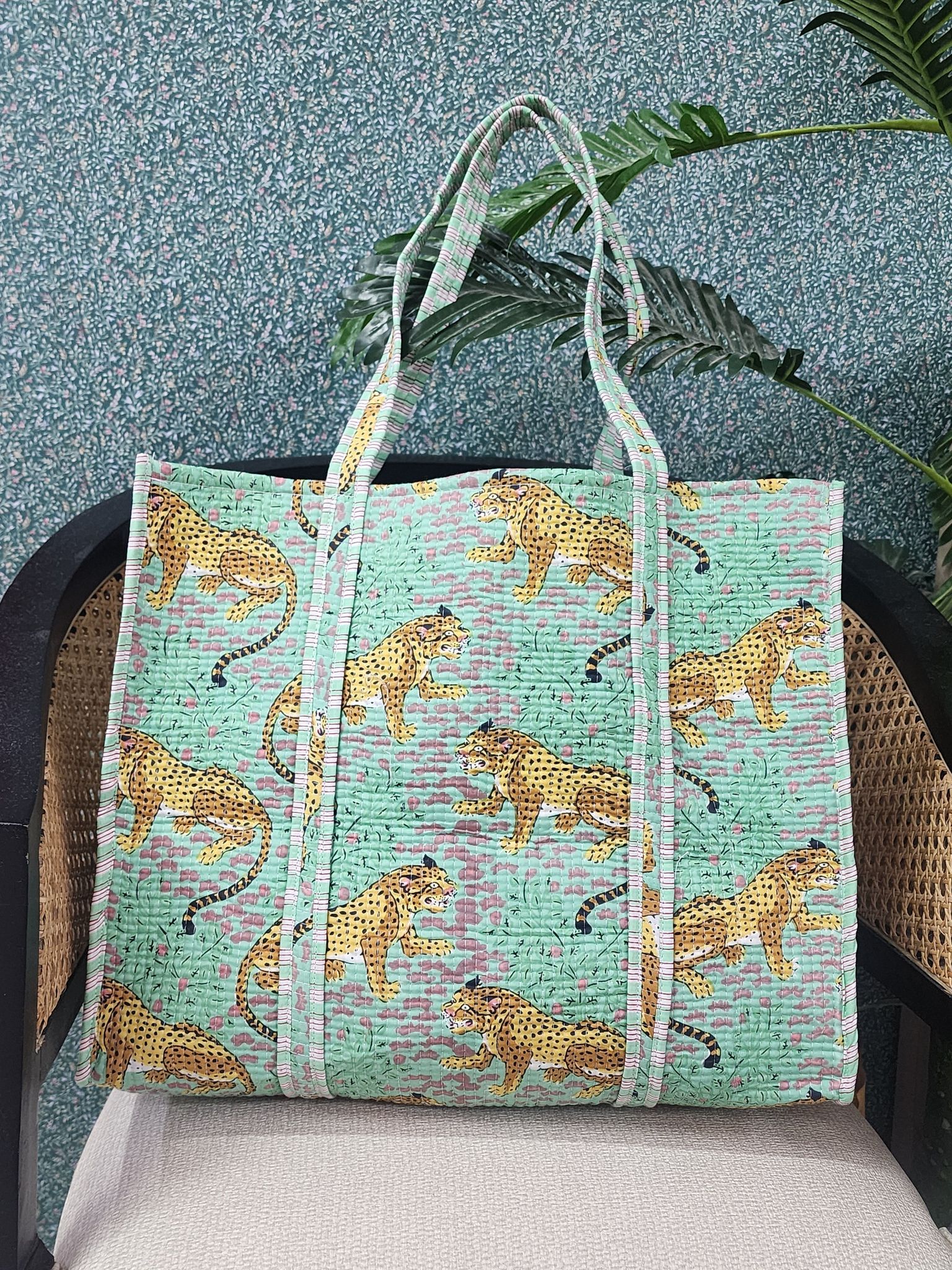 Handblock Printed Quilted Tote Bag with concealed zip ( 17x18x 6 inches)