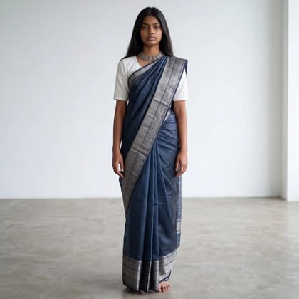 Mangalgiri Steel Blue Pure Silk Handloom Saree Zari Border