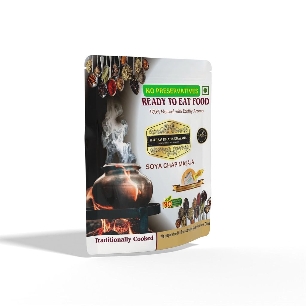 INDIAN KHANA KHAZANA Ready to eat Soya Chap Masala | No Added Preservative and Colours ( Soya )Serve Hot Anytime Anywhere with our Flameless Food Heater inside the Pack | Indian Tasty Flavour Ready to Eat Food Soya Chap Masala