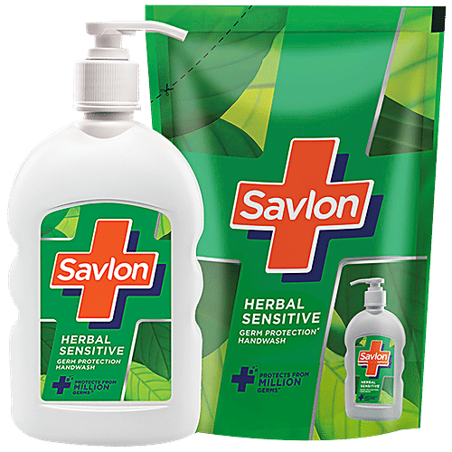Savlon Herbal Sensitive Germ Protection Handwash - Protects from Million Germs, Pump & Refill, 375 ml Combo