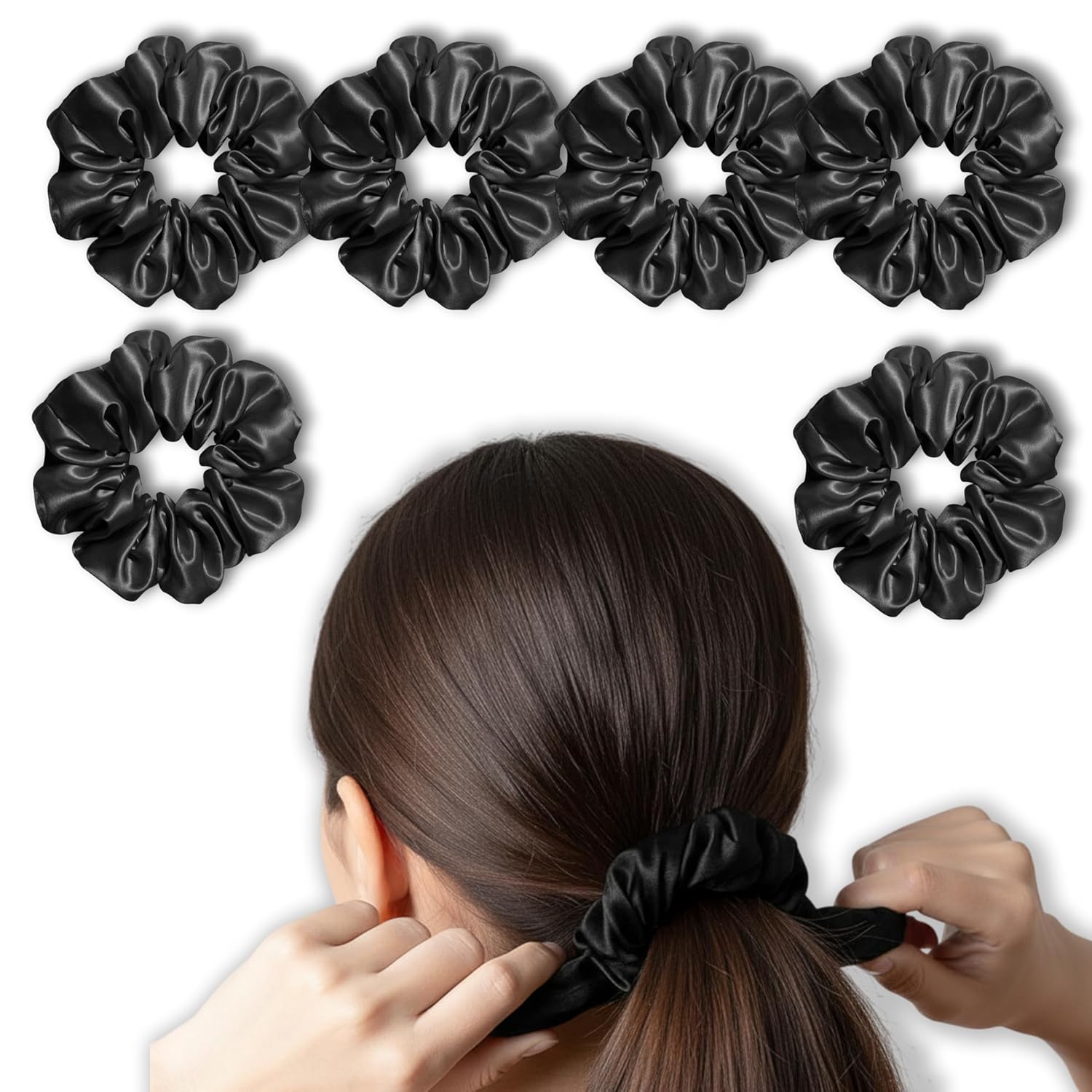 6 Pieces Black Silk Satin Scrunchies