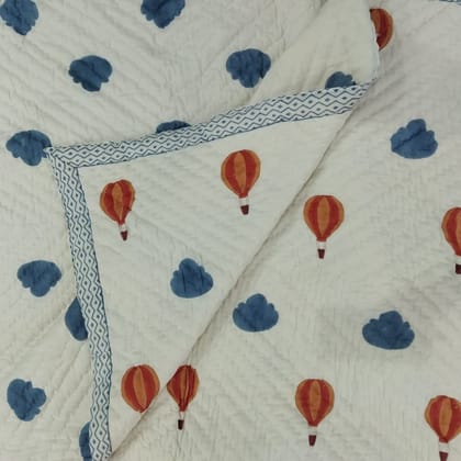 KRI India Tots Parachute Kids Jaipuri Reversible Quilt|With customisation | 60x90 inches | Off White & Blue | Wash & Care | 100% Cotton | Handcrafted in India. 100% organic & natural.