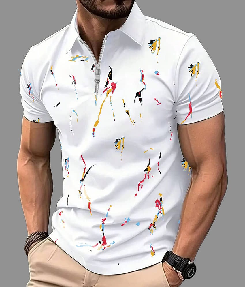 ENITOR Men Cotton Blend Regular Fit Printed Polo T Shirt ( White )