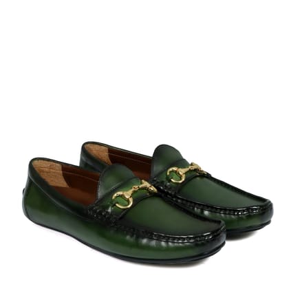 Horsebit Driving Loafers Shoe in Green Leather-40/6