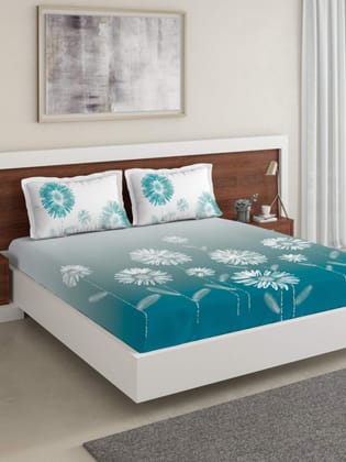 DDECOR - Primary Collection 100% Cotton Floral Pattern 136TC King Fitted Sheet|180 CM X 198 CM| - Turquoise