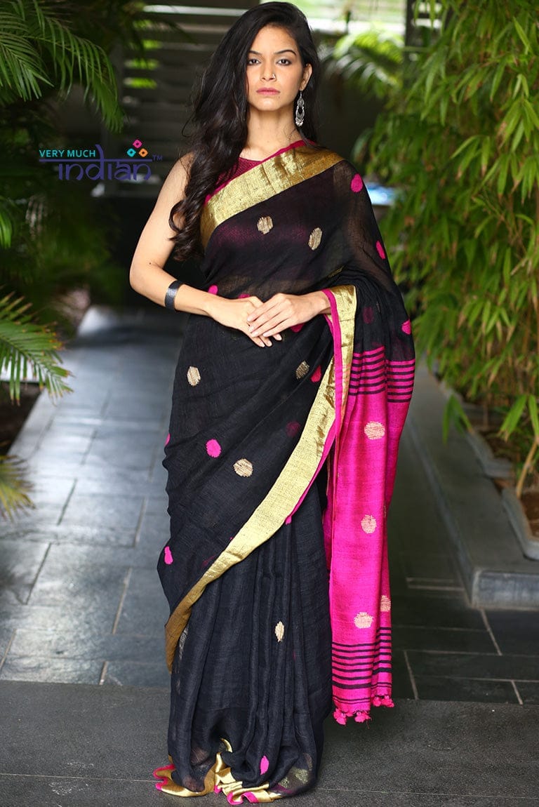 Pure Organic Linen Saree - Black