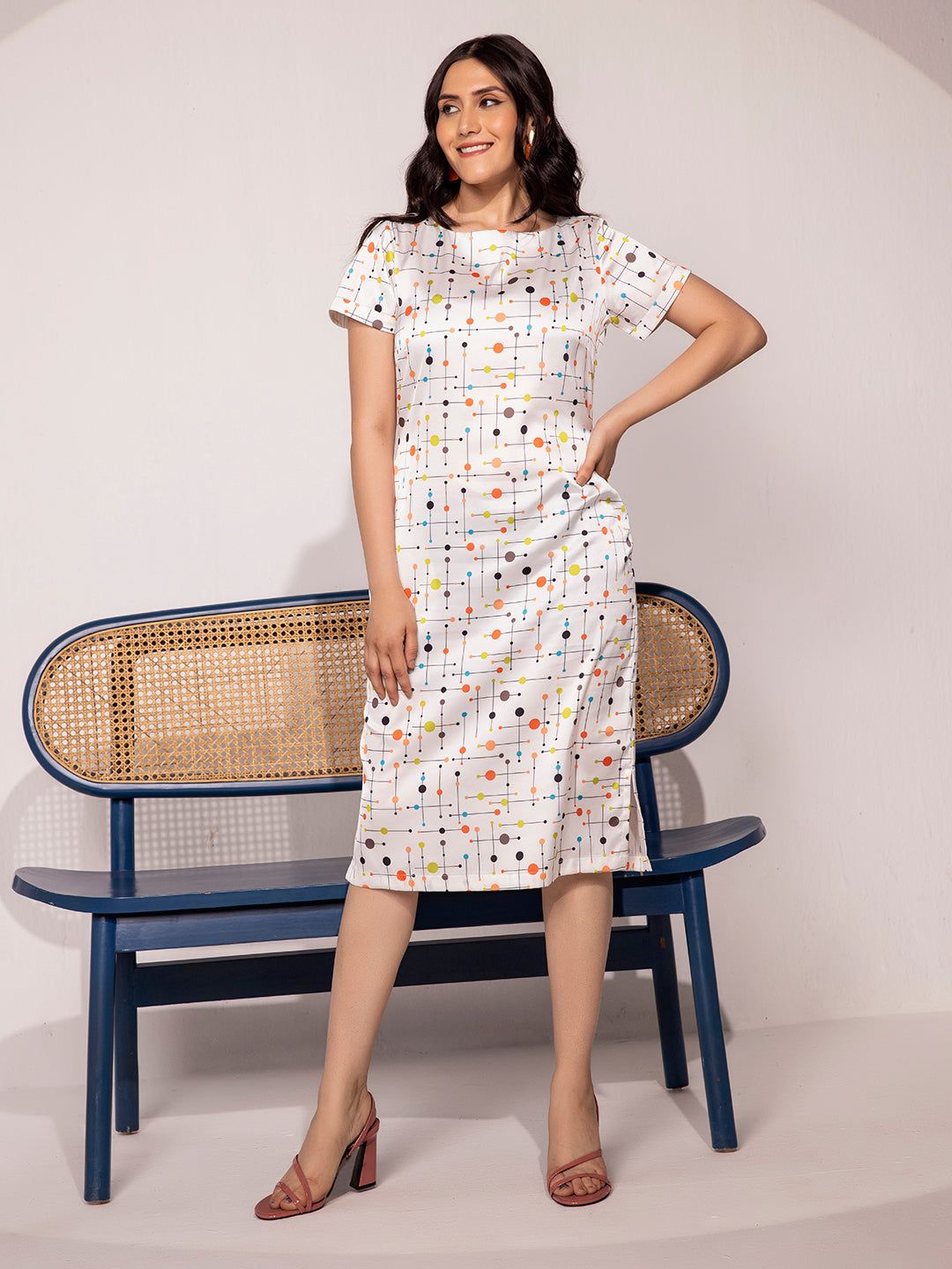 Printed Sheath Dress- White-S