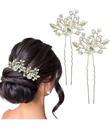 LYKAA Flower Hair Clips for Women Girls, Stylish Rhinestones Bun Hairpin Crystal Pearls Bun - 2 Pcs