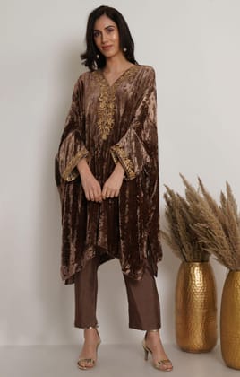 Beige Gold Velvet Embroidered Kaftan Set  of 2-S