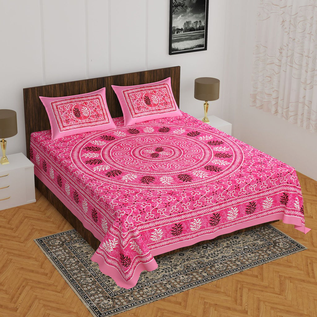 3001-Hometrade India-Standard King Size (90*108 Inches) Double Bedsheet With 2 Pillow Cover-RJ-14-Jaipur lining-3225