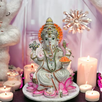 Kamal Ganesha White Marble Look Ganesha Idol decorative Zaircon, Murti H – 47.5 cm-Composite Marble