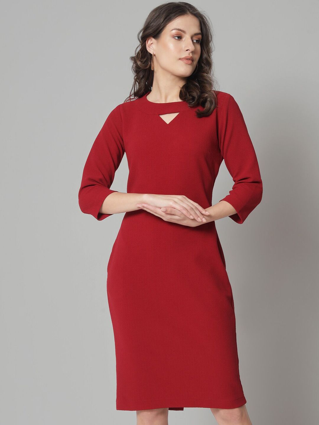 V-Neck Knit Stretch Dress - Maroon-6XL
