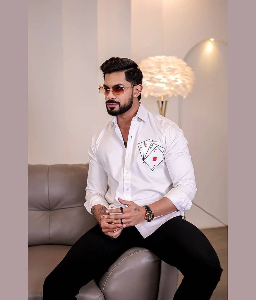 IQIVLI Cotton Blend Regular Fit Self Design Full Sleeves Men's Casual Shirt - White ( Pack of 1 )