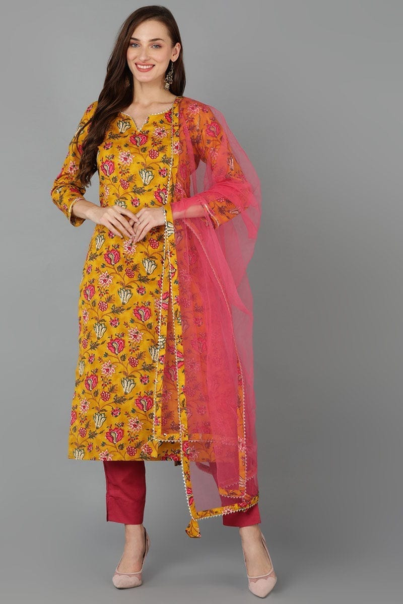 Mustard Cotton Blend Floral Straight Kurta Pant With Dupatta VKSKD1718