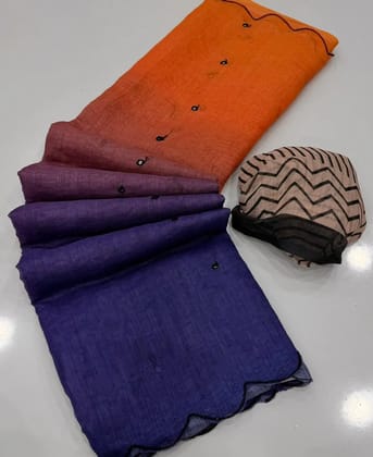 Launching new Soft Linen cotton Digital printed saree with aari work  & foil mirror work with aariwork cut work border
