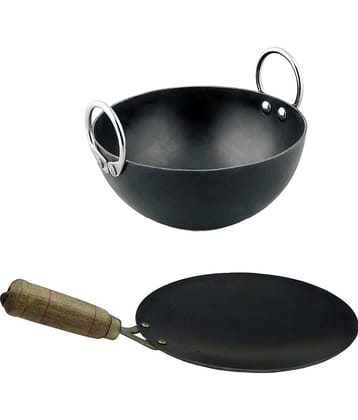 Veer Wooden Handle - Black Iron No Coating Cookware Sets ( Pack of 1 )