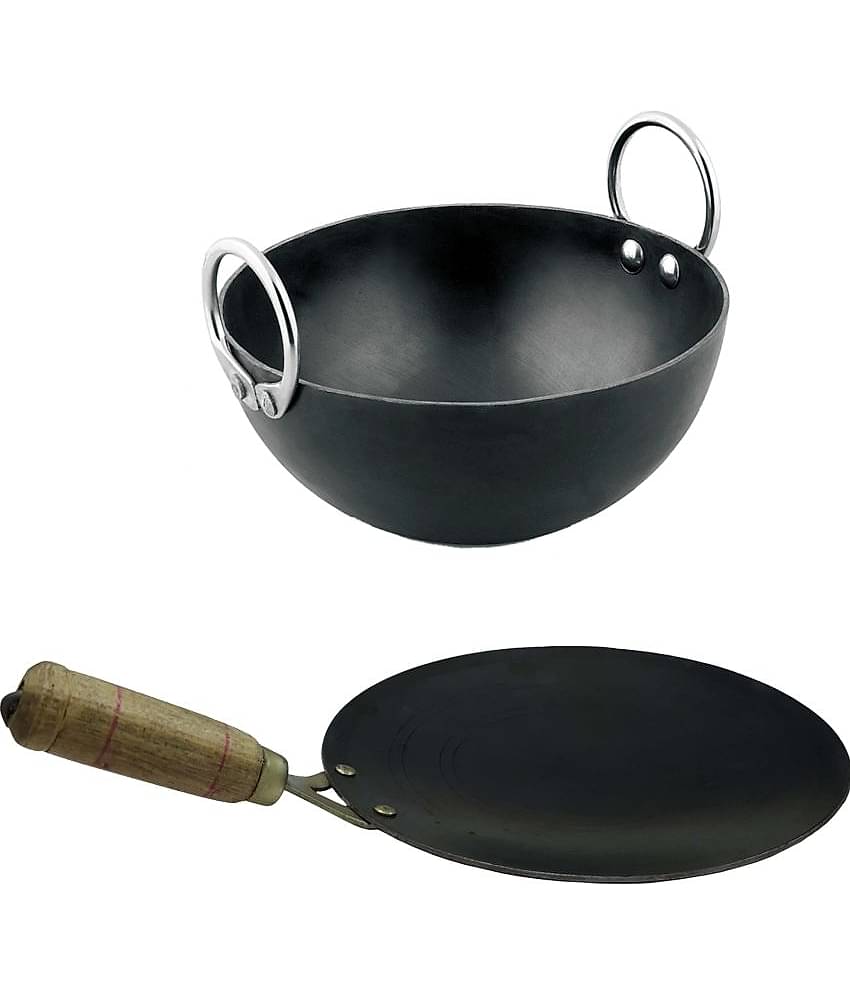 Veer Wooden Handle - Black Iron No Coating Cookware Sets ( Pack of 1 )