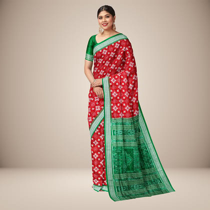 Square Design Patterned Cherry Red Sambalpuri Silk Saree