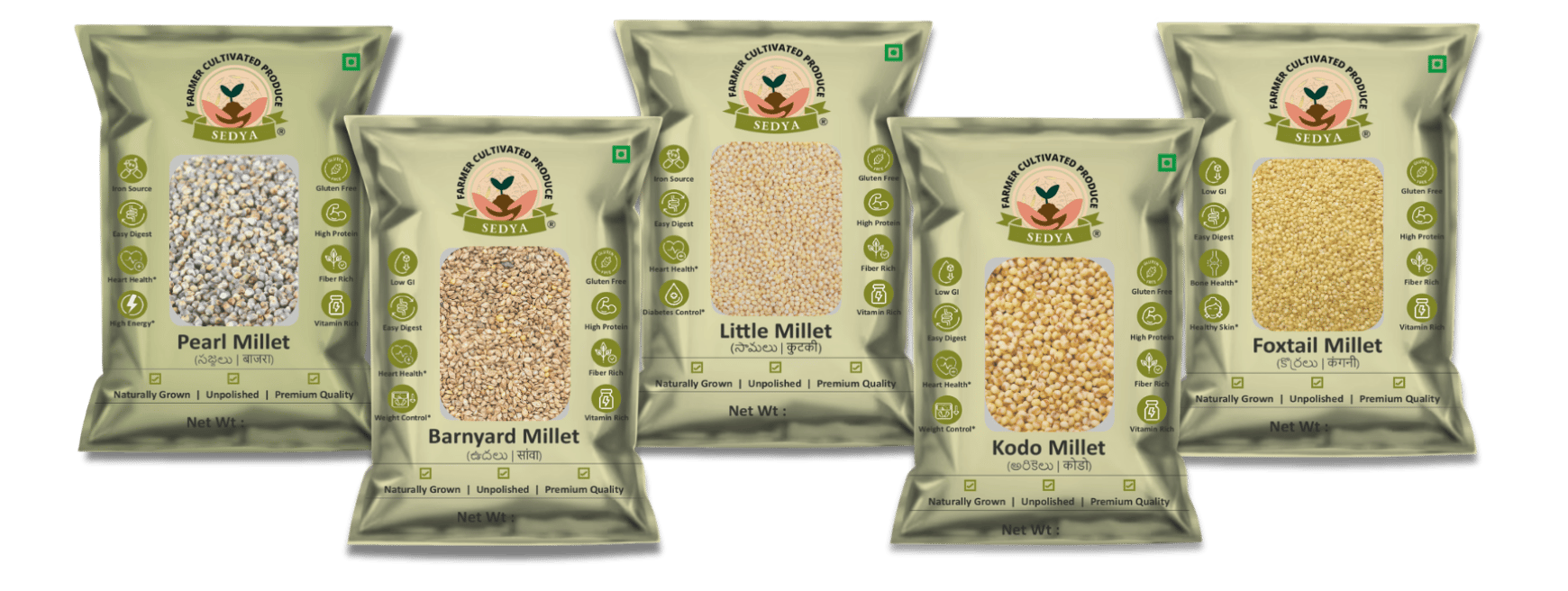 Sedya Five Millet Combo Whole Grains | Pearl, Barnyard, Little, Kodo & Foxtail Millet | Certified Low GI | Sajje / Udalu / Samai / Varagu / Korralu | Gluten Free | Unpolished, Toasted, No Soaking Required | High Plant Protein & Fibre