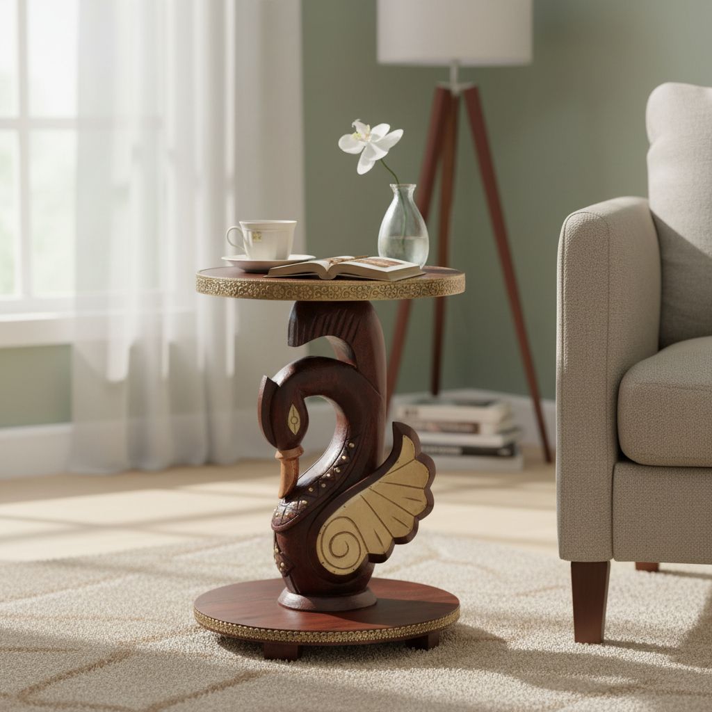 BAANMATA INTERNATIONAL Handicraft Table, Furniture Duck Table, Coffee Table, Nightstand Table, Bedside Table, Handmade Round Table (Mango Wood)