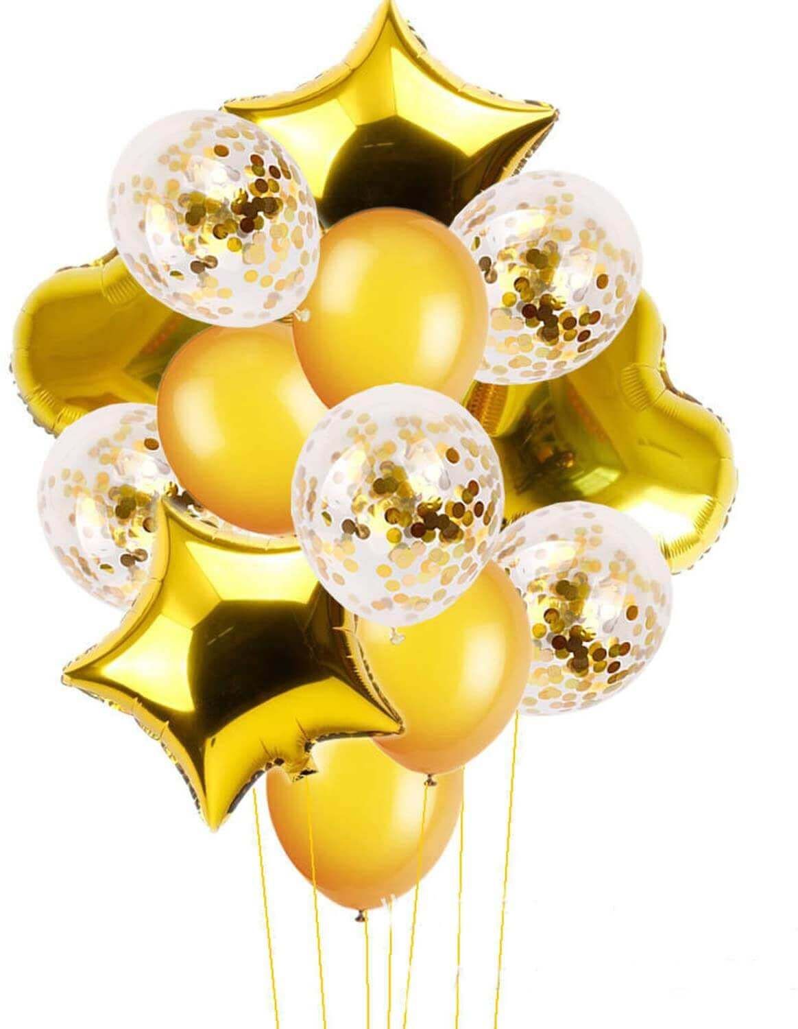 Golden Star and Heart Foil Balloons with Golden Confetti Latex Balloons Kit - 14 PC