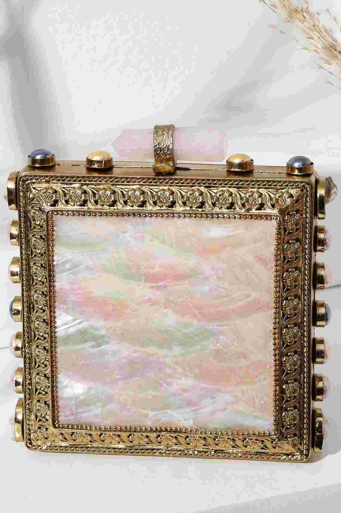 Gold Brass Metal Mother Of Pearl Work Clutch