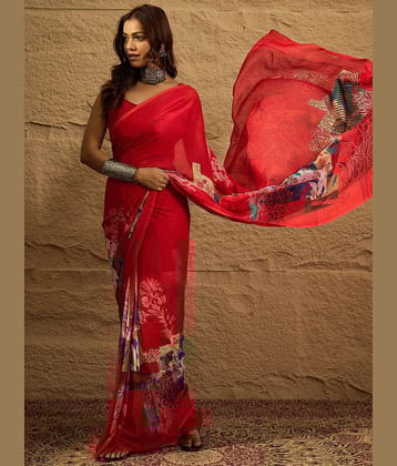 Vaamsi Georgette Printed Saree With Unstitched Blouse Piece ( Red )