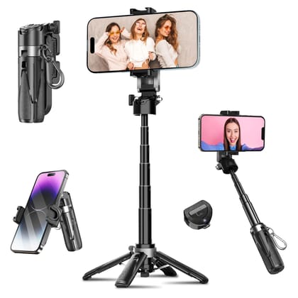 WeCool 4 in 1 Mini Selfie Stick for Mobile, Tripod Stand with One-Click Auto OpenLegs, Premium Aluminum Build 5Section Telescopic Pole, 360°Rotation,Rechargeable Remote, Pocket-size for Travel,Vloging Black / Standard