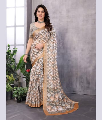 NightBlue Linen Printed Saree With Unstitched Blouse Piece ( Beige )