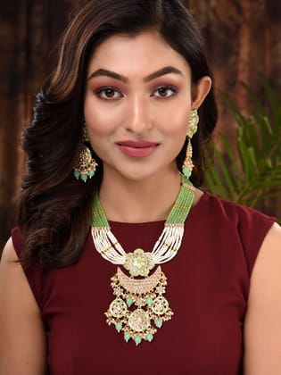 GoldPlated Mint AD & Kundan Stone Studded Necklace Jewellery Set