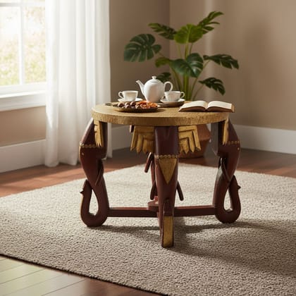 VMAntique Decor Handicraft Drawing-Room Elephant Coffee-Table,Brass-Embossed Wooden Lamp-Table Cum Party-Table,Home Living Furniture Bedside-Table