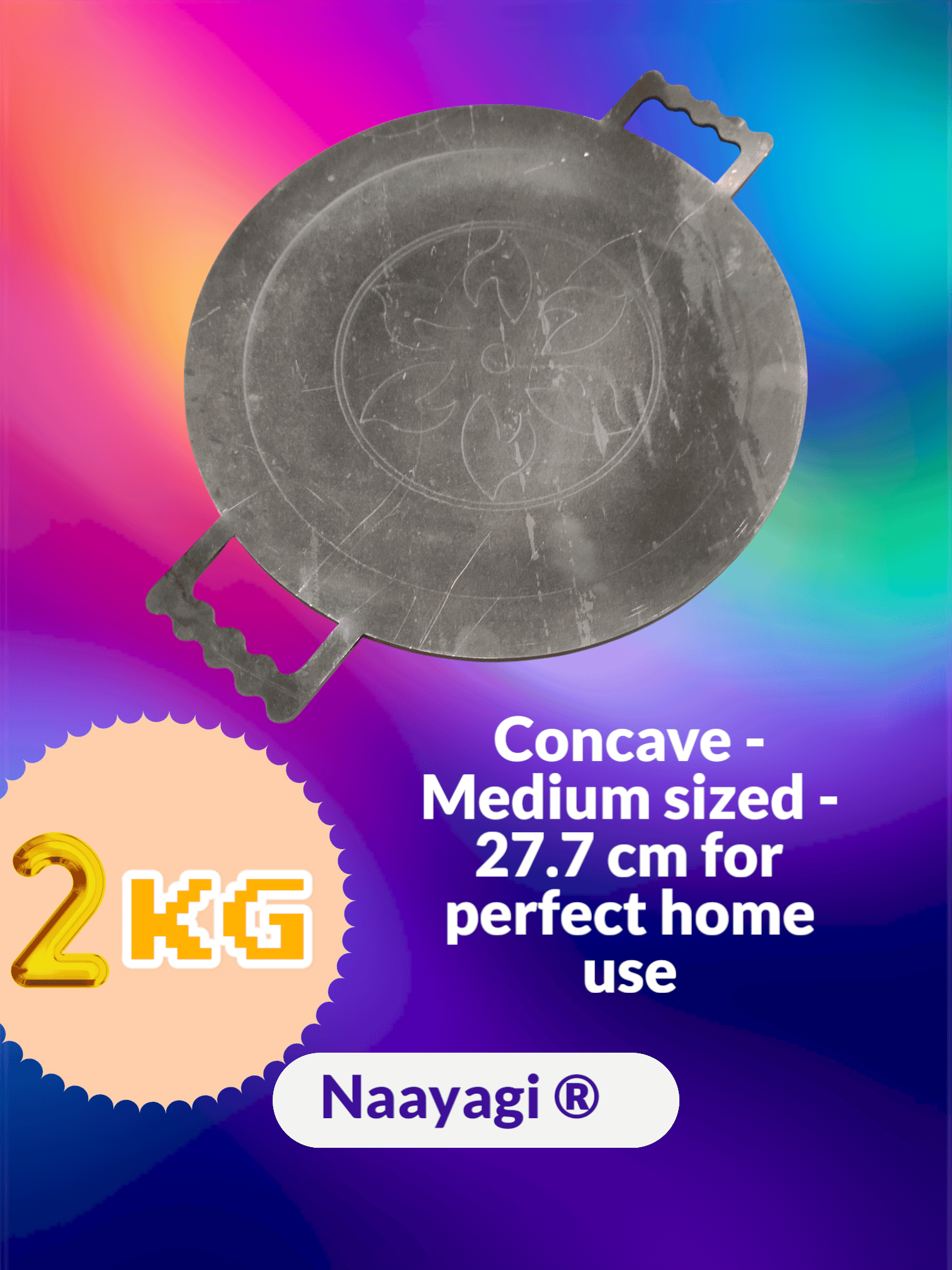 NAAYAGI - PURE IRON TAWA WIRH Double handle - 27.7 cm ( 11 inch ) , concave model for dosa, roti, chapathi