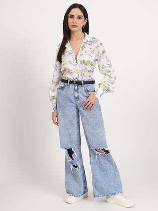 Women'S Luxury Linen Satin Multicolour Regular Length Straight Hem Digital Print Shirt-M