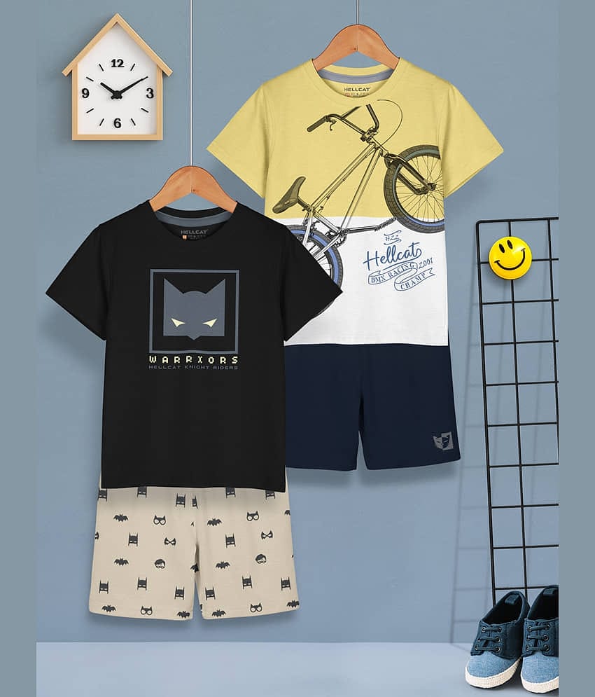 HELLCAT Boys Dress Clothing Set Combo with Tshirts & Shorts - Pack 2 Black_Mustard