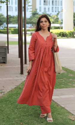 Cotton Flex Burnt Orange Buttoned Pleated Co-ord-XXS