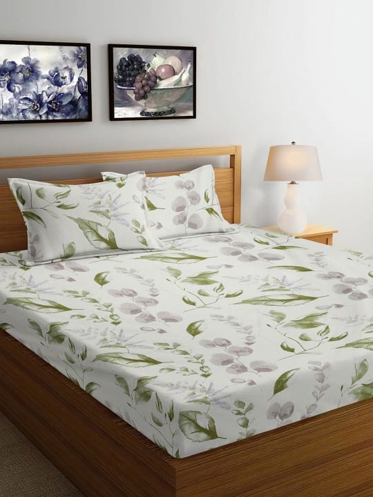 Cream Coloured & Green Floral Printed 300 TC King Bedsheet with 2 Pillow Covers