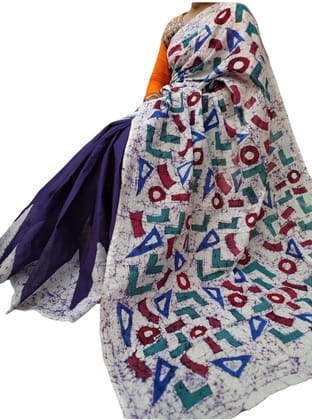 Elegant Hand Batik Mulmul Cotton Saree - Multi-Color Design with Blouse Piece
