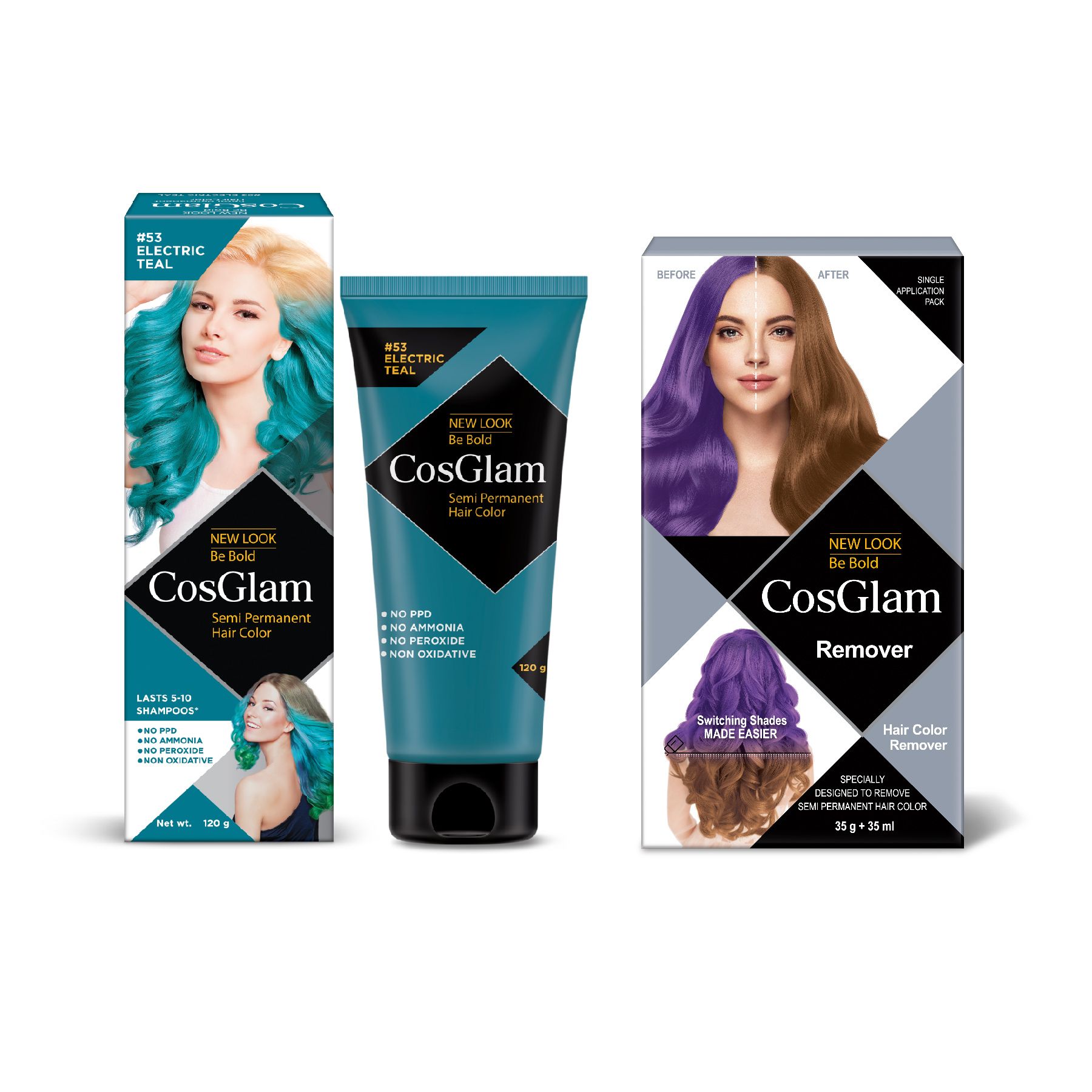 COSGLAM Semi Permanent Hair Color Electric Teal 120g and Hair Color Remover 70ml, Switching Shades Made Easy