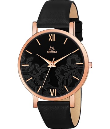 Septem Black Leather Analog Womens Watch