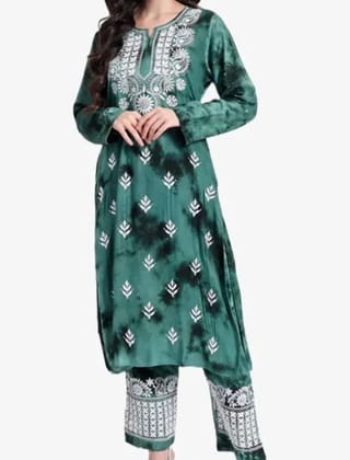 Lucknowi Chikankari Machine Embroidery Cotton Rayon Fabric Deep Sea Green Short Kurti