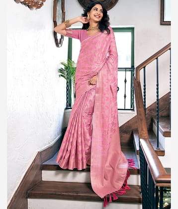 Satrani Georgette Woven Saree With Unstitched Blouse Piece ( Pink )