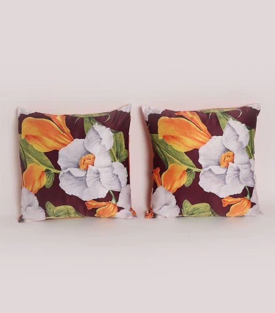 Koko Decorative Polyester Cushion Covers | 16x16 inch Maroon Floral Print | Soft Textured Square Pillow Covers for Sofa, Bed & Chair - Set of 2