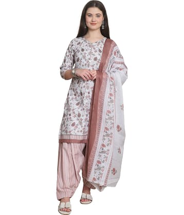 wonder weave Women Cotton Blend Printed Straight Kurti With Patiala Salwar ( White )