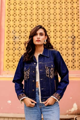 Boho Spirit Jacket: Fusion of Denim and Indian Art-S