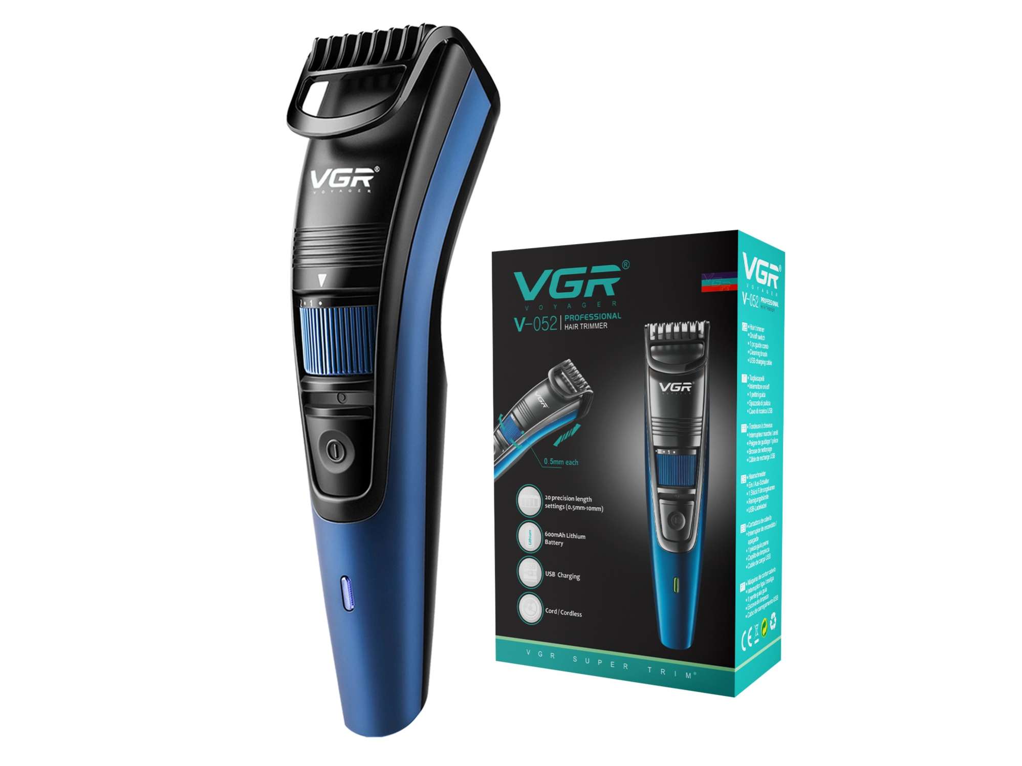 VGR V-052 Blue Hair Trimmer for Men, Professional Trimmer with Long Battery Life and Sharp Blades